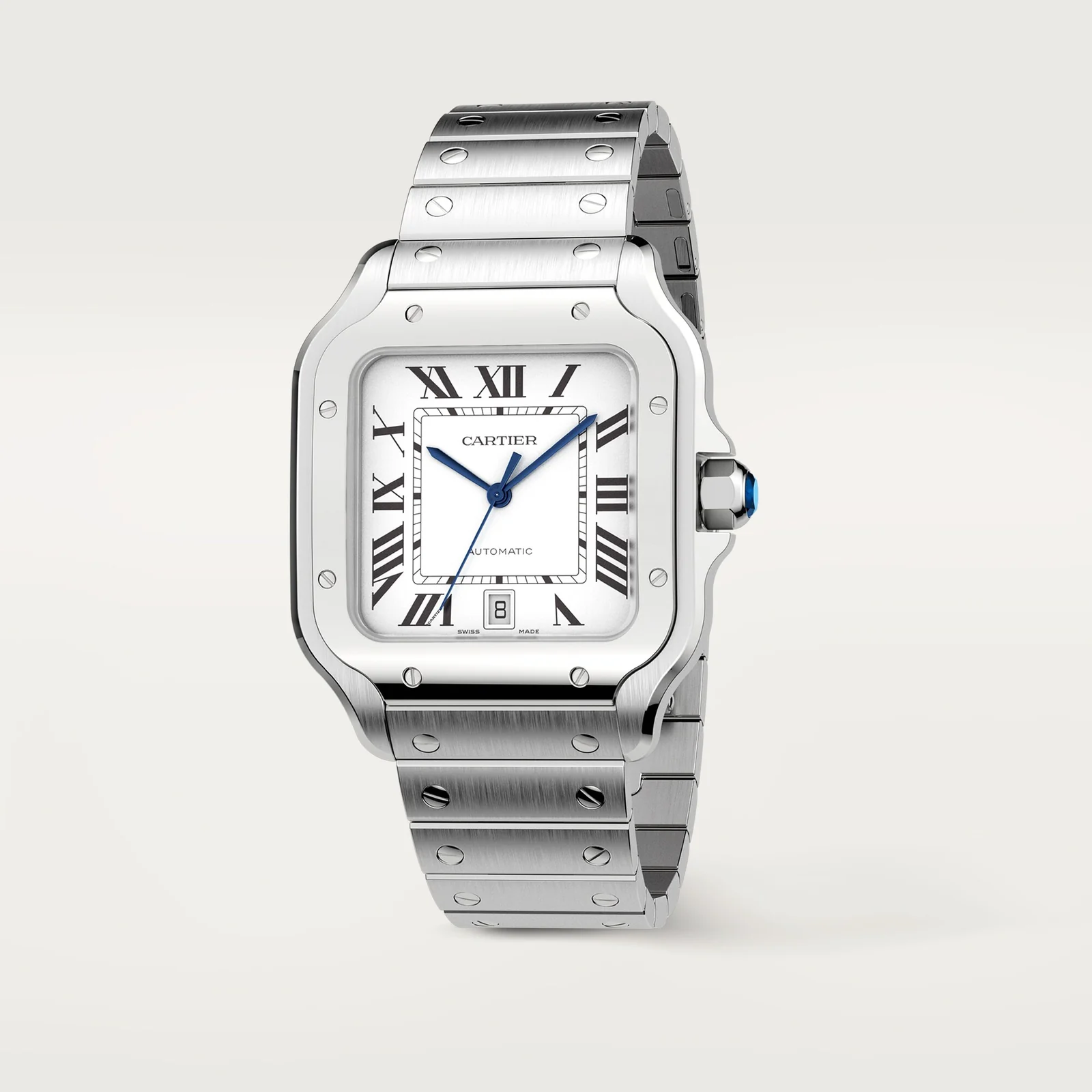Santos de Cartier em três quartos, mostrando a coroa com espinélio azul
