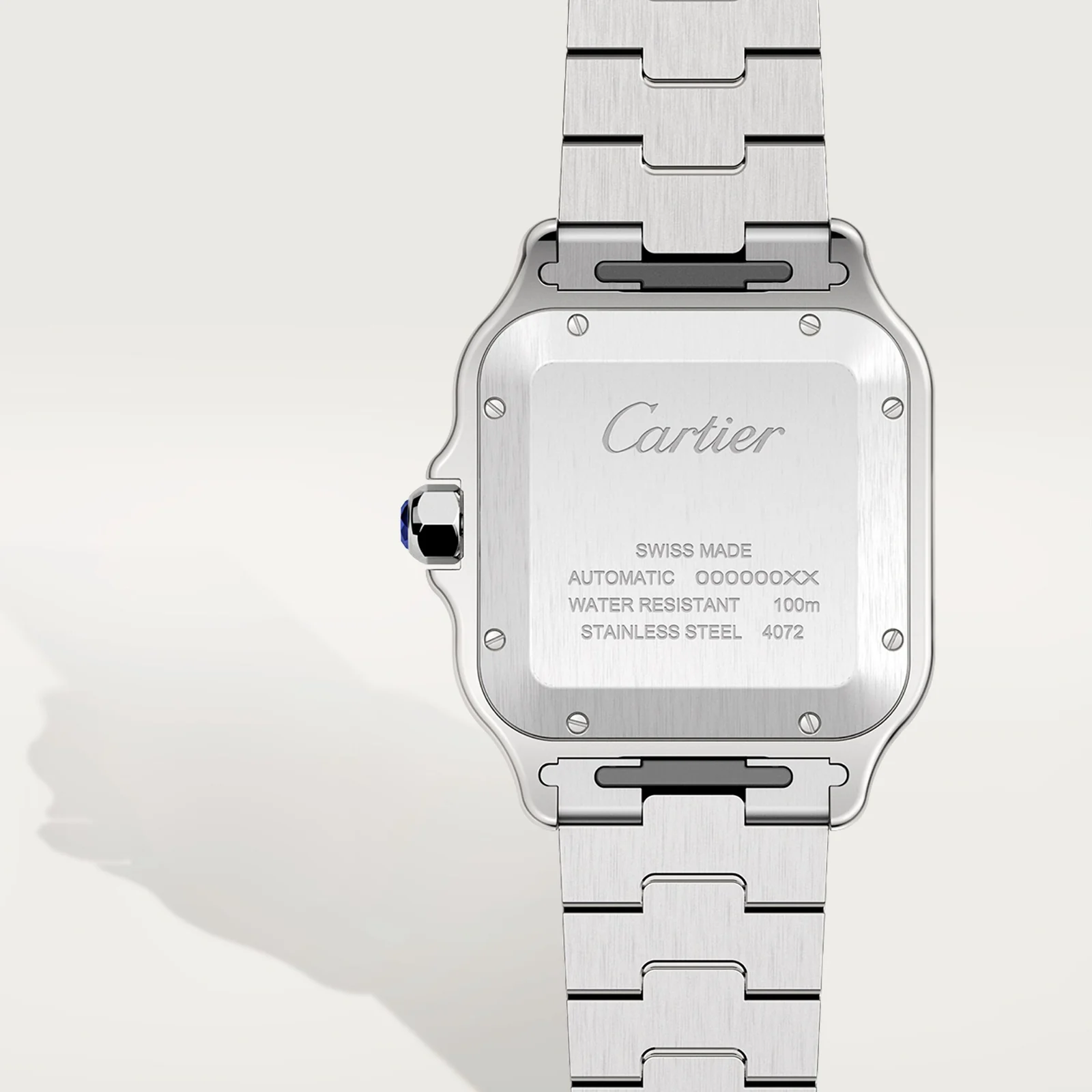 Fundo de aço do Santos de Cartier com as gravações da caixa