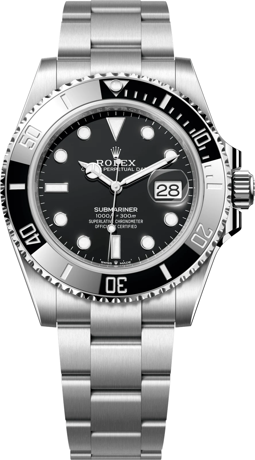 Rolex Submariner Date de frente, com a pulseira inteira