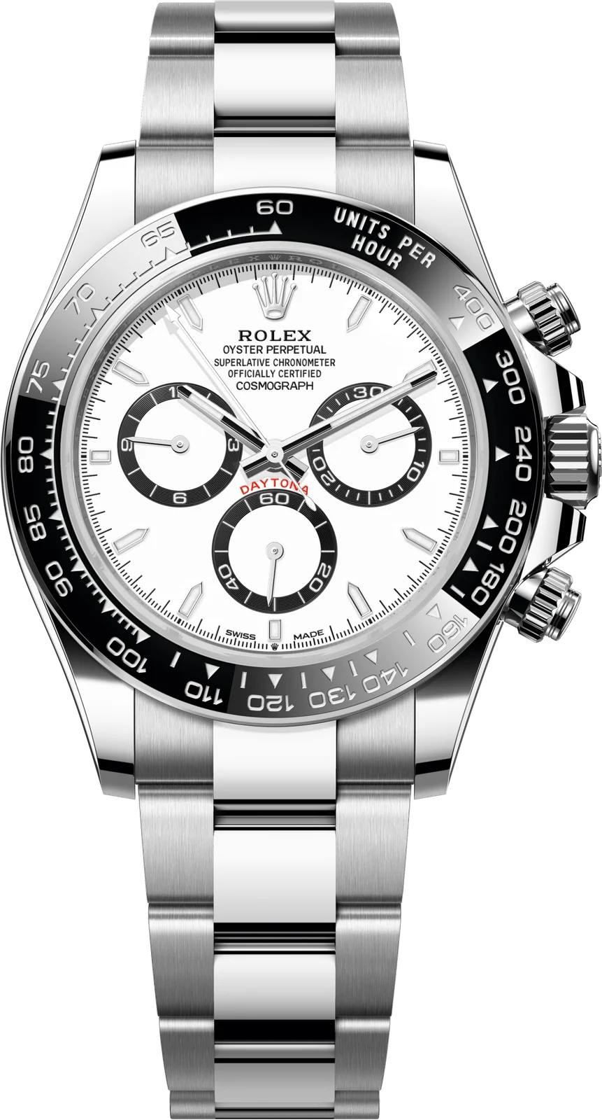Rolex Cosmograph Daytona de frente, com a pulseira inteira